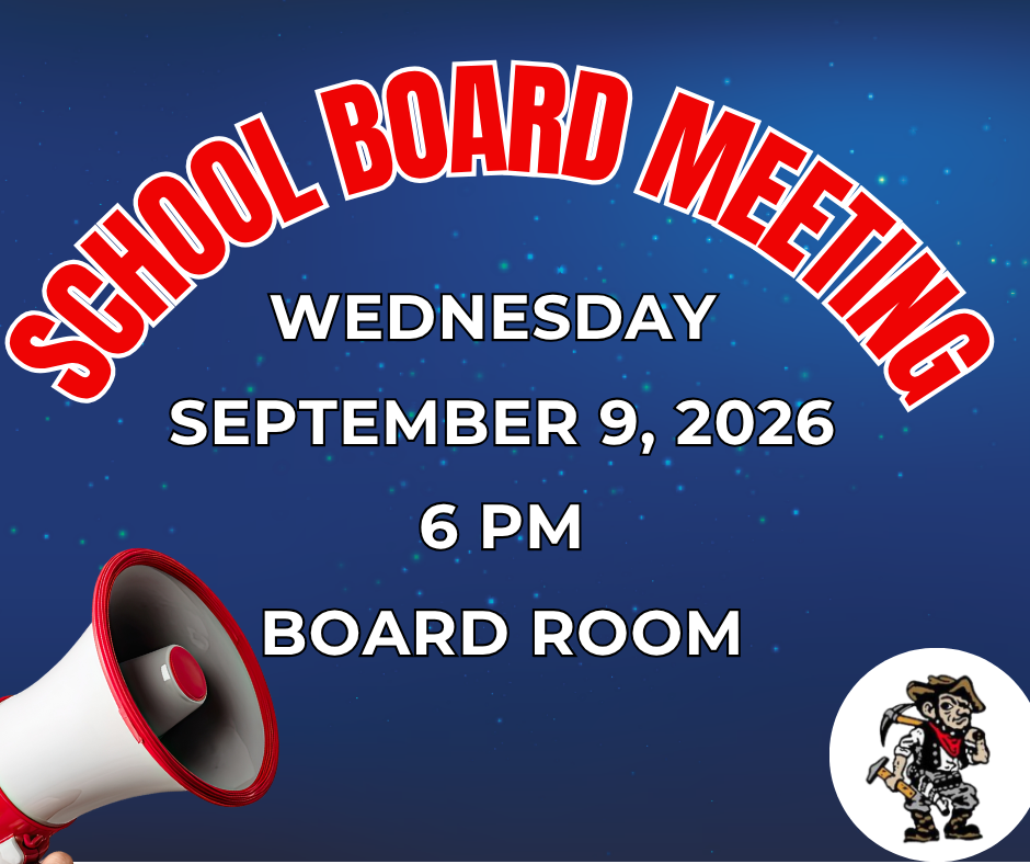 An announcement for a School Board Meeting on Wednesday, September 9, 2026 at 6 PM in the Board Room.