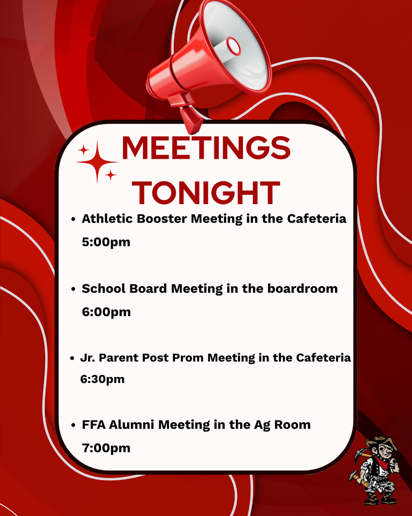 A red background displays a schedule of meetings. It lists Athletic Booster Meeting at 5:00pm, School Board Meeting at 6:00pm, Jr. Parent Post Prom Meeting at 6:30pm, and FFA Alumni Meeting at 7:00pm.
