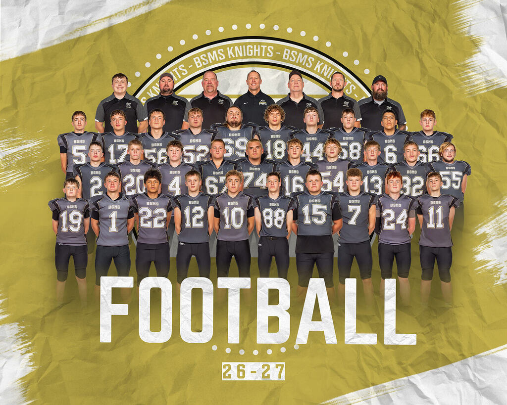 Group photo of a football team in black uniforms with numbers. Background has yellow and white paint.