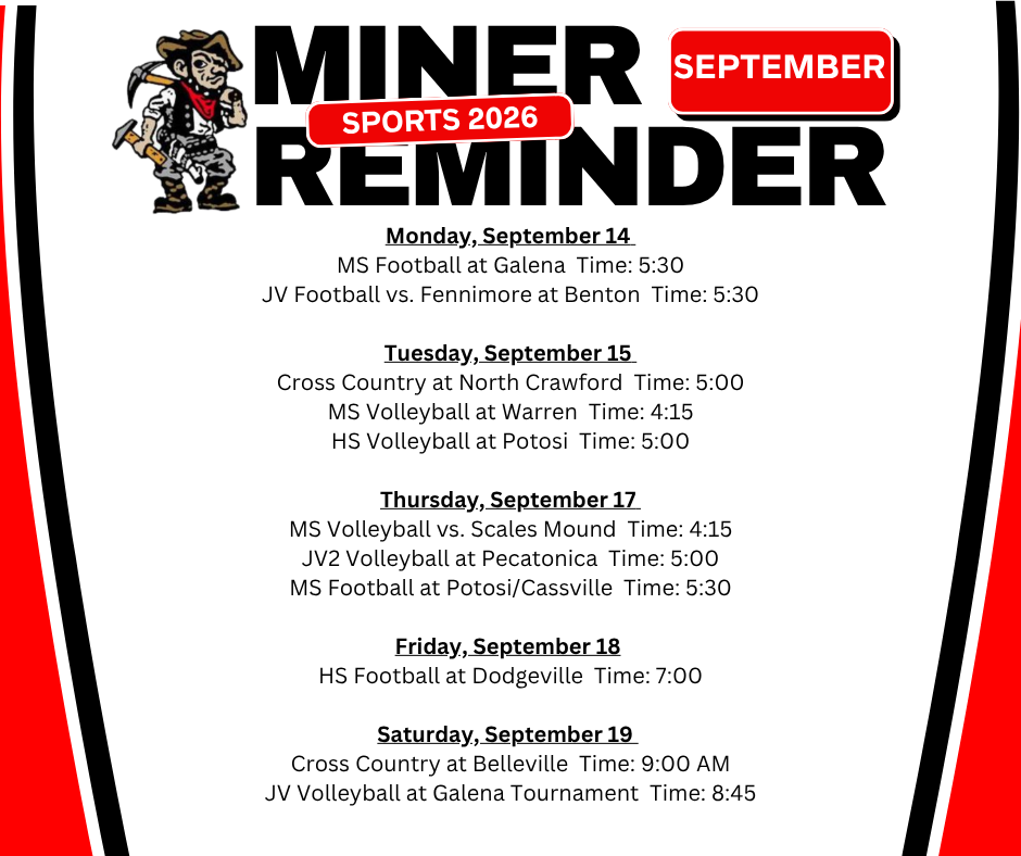 Red and white sports schedule with a miner logo. Events span from Monday, September 14 to Saturday, September 19, including JV and MS football and volleyball games.