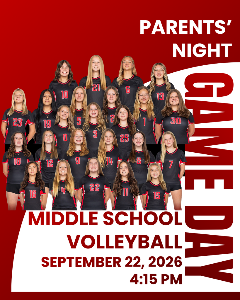 A group of female volleyball players in black and red uniforms stands together for an event announcement.