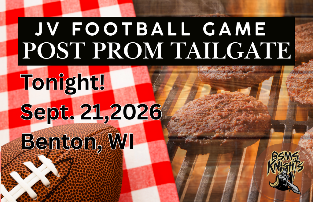 A football and burgers on a grill with a red and white checkered cloth. Text reads "JV Football Game Post Prom Tailgate Tonight! Sept. 21, 2026 Benton, WI".