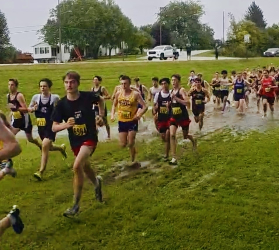 A group of people running a race on grass. They wear numbered bibs, and some are in muddy puddles.