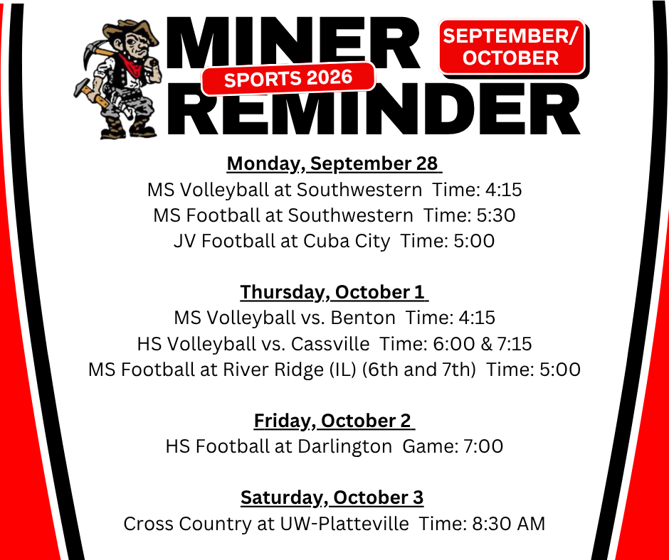 A red and white sports reminder poster for September/October with dates and times for Miner sports events.