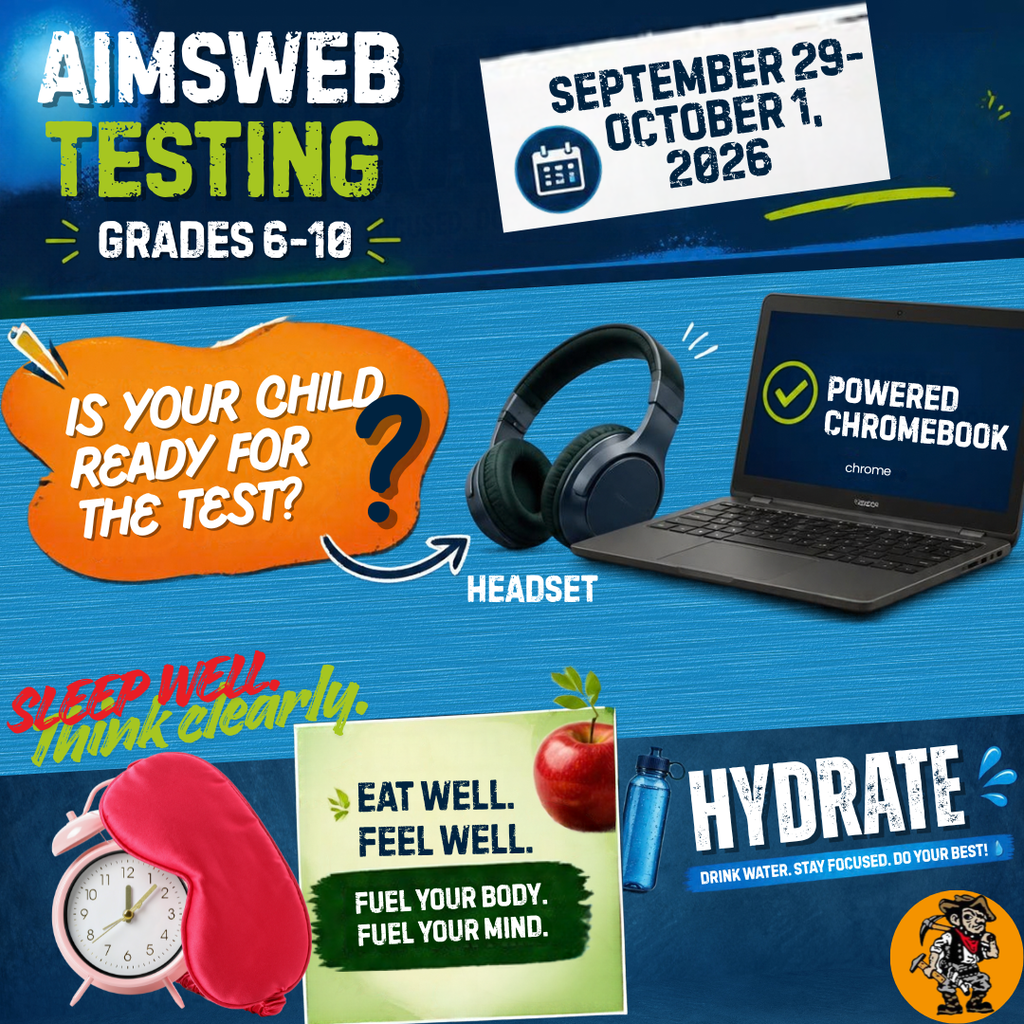 Graphic with blue background. Text reads, "Aimsweb Testing Grades 6-10." Dates: September 29 - October 1, 2026. Visuals include a laptop, headphones, apple, and water bottle.