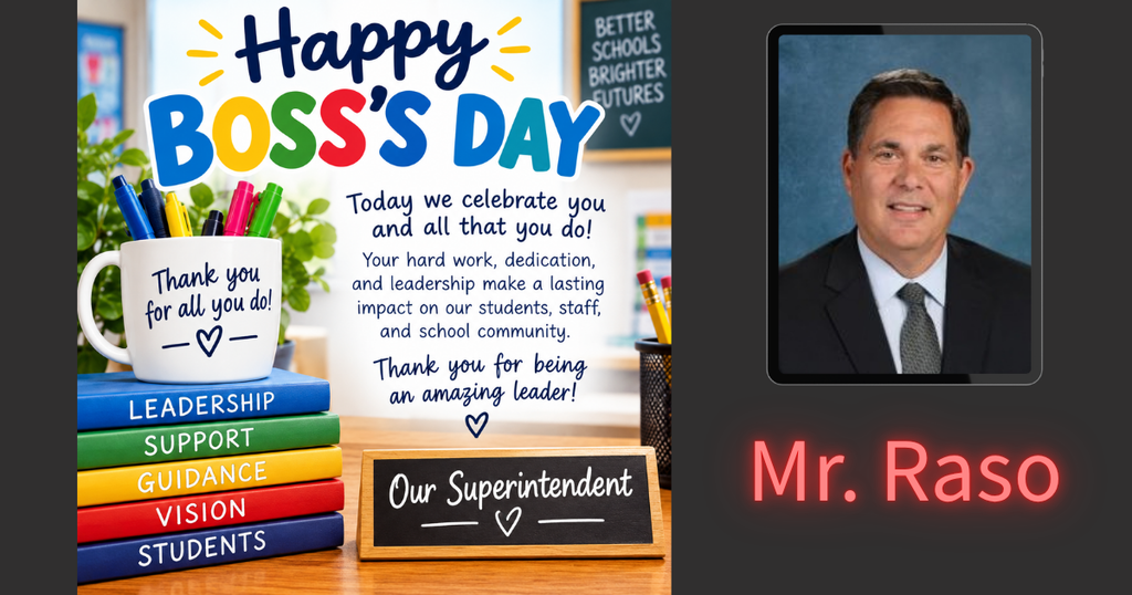 Poster with "Happy Boss's Day" text, colorful books, a coffee mug, and pencils. Photo of a man in a suit with a "Mr. Raso" label.