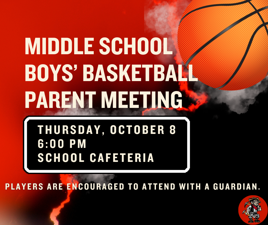 A poster advertises a Middle School Boys' Basketball Parent Meeting on Thursday, October 8, at 6:00 PM in the cafeteria.