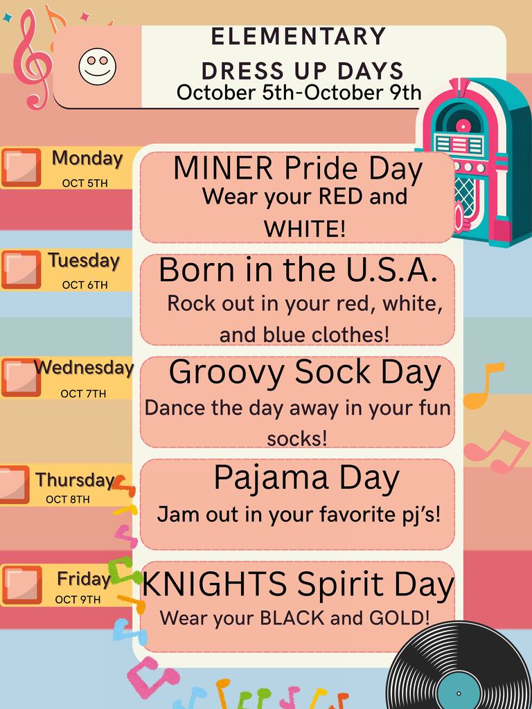A graphic displays weekly dress-up days from Oct 5-9. Each day features a theme and color scheme.