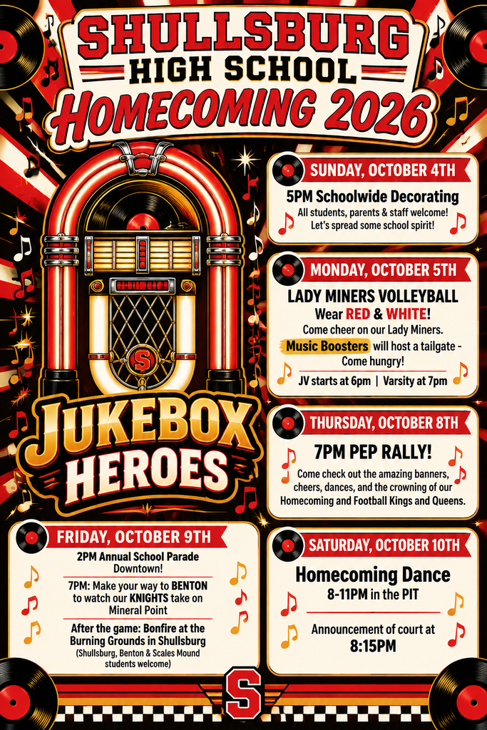 A colorful poster announces "Shullisburg High School Homecoming 2026." A jukebox and music notes appear. Events are listed in a grid.