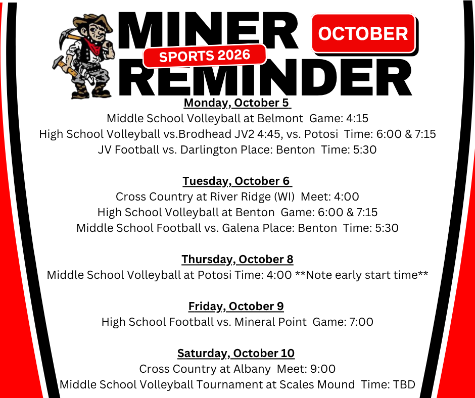 A red and white flyer displays sports events for Miner from October 5 to 10, including volleyball and football games.