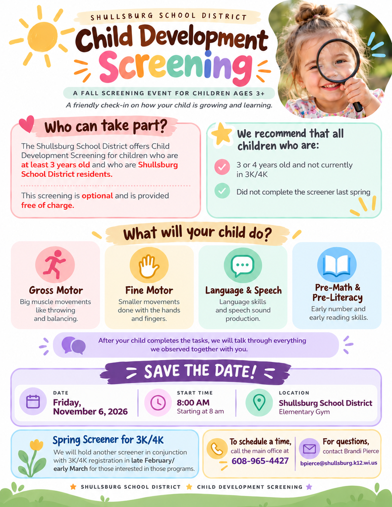 Flyer for Child Development Screening event, featuring a child using a magnifying glass. Details include age recommendation, tasks, and event date.