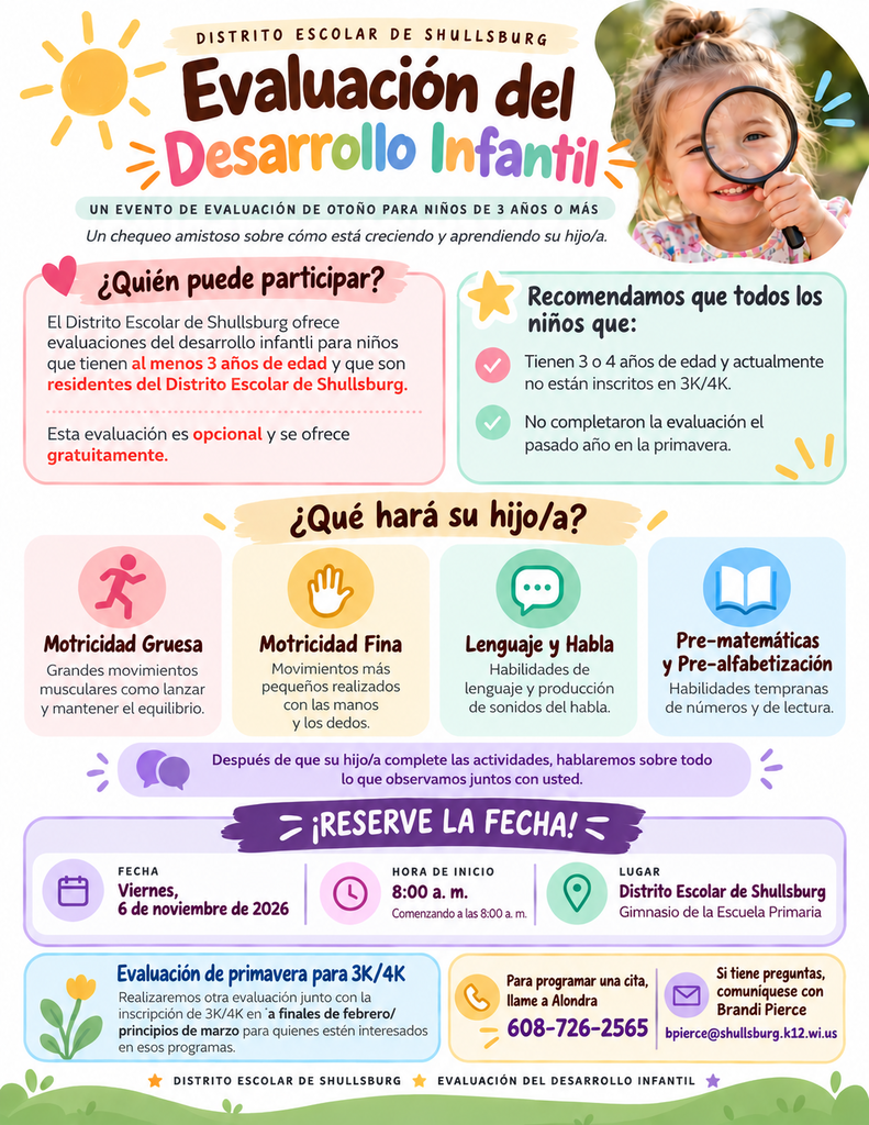Flyer with heading "Evaluacion del Desarrollo Infantil" shows a child examining a circle with a magnifying glass. Icons depict areas of development.