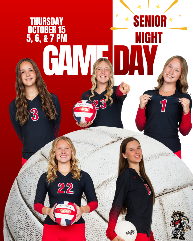 Volleyball team in black and red uniforms, holding balls. Red and white background. "Senior Night Game Day" written above.