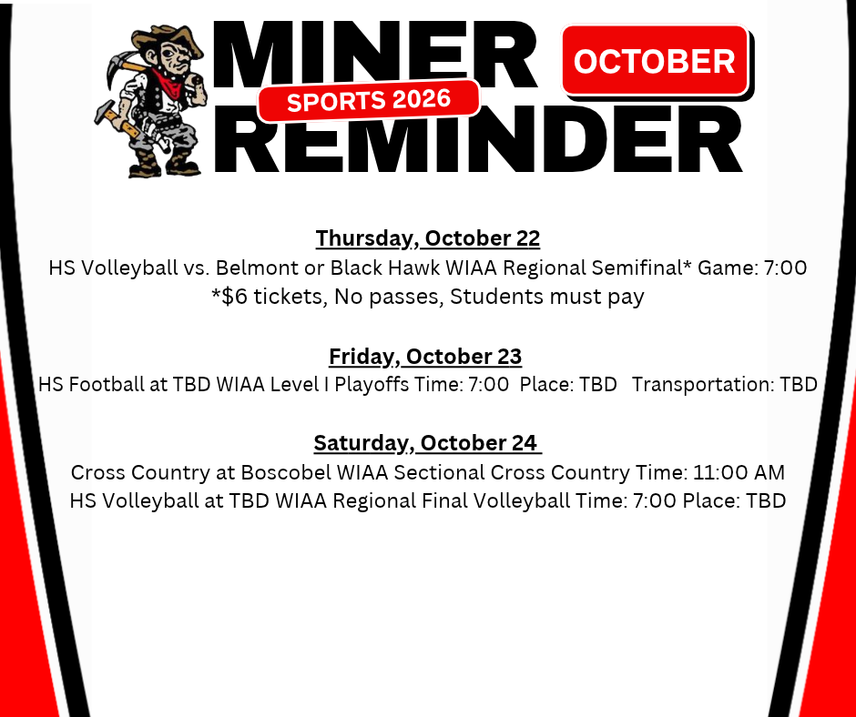 Sports reminder flyer for October. It lists volleyball and football games, and cross country events with times and locations.