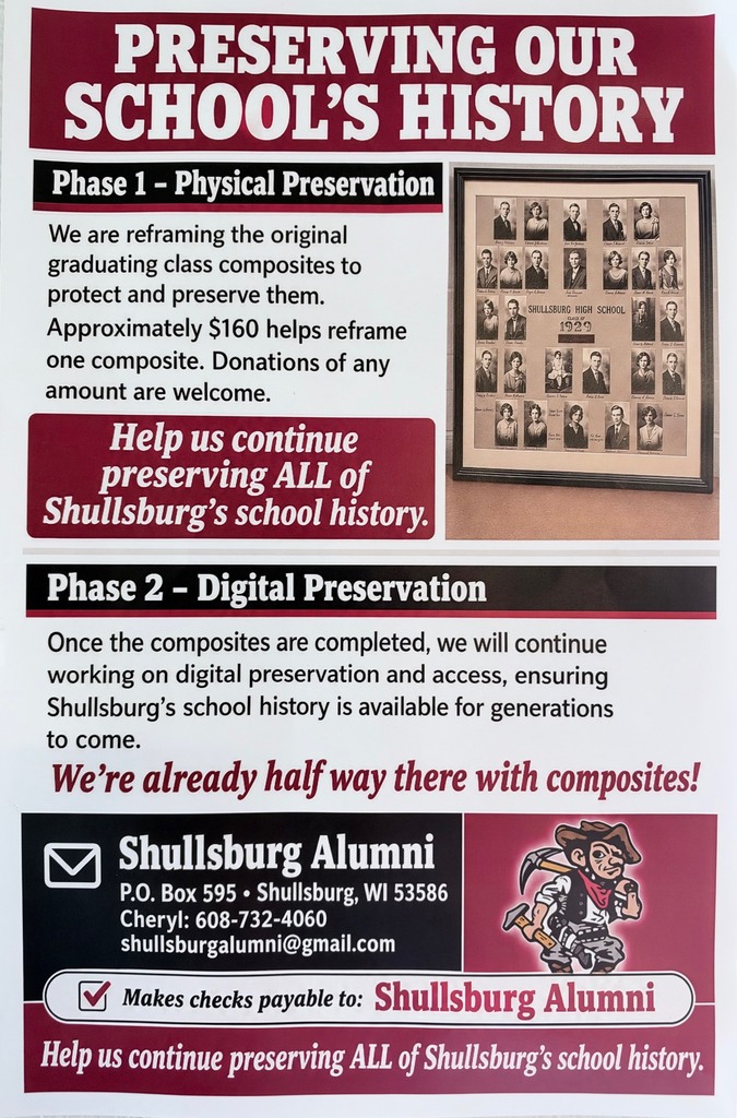Poster with two phases to preserve the school's history. Phase 1 involves physical preservation and Phase 2 involves digital preservation.