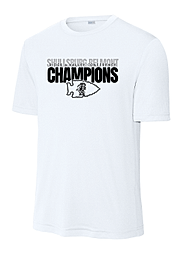 White t-shirt with black text and logo on front. Text reads "SKILL SOUR BELMONT CHAMPIONS" above a logo.