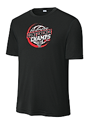 Black T-shirt with circular logo featuring basketball, "Conference Champs" text, and red and white design.