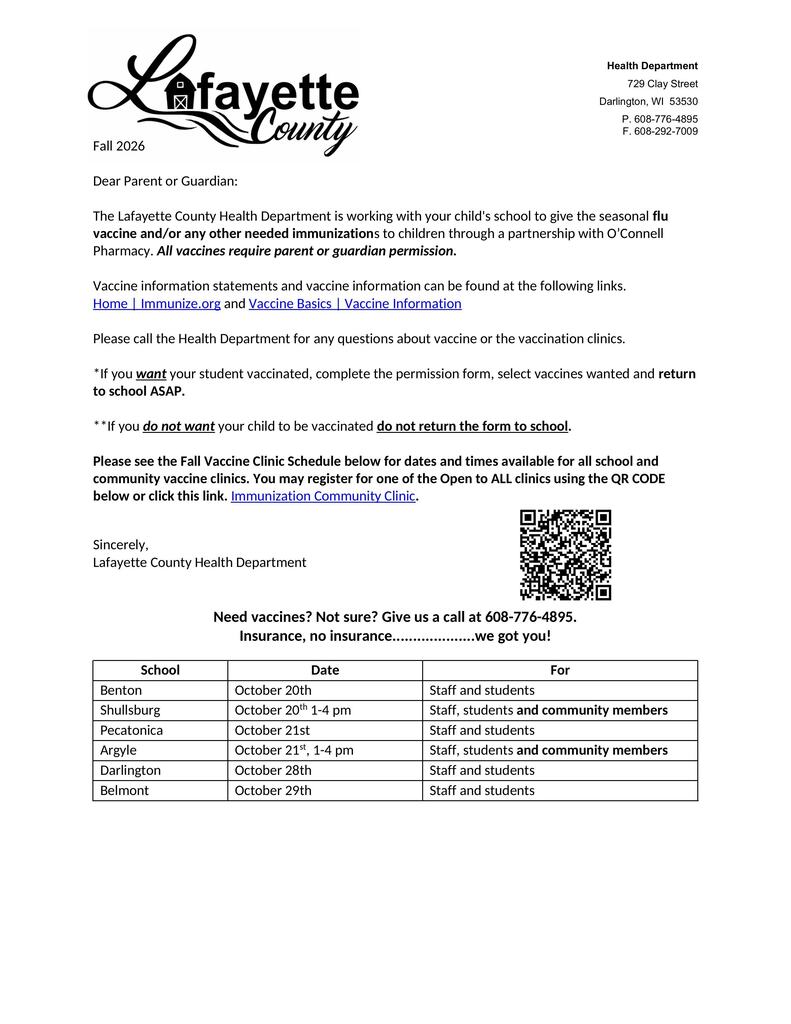 Letter with Lafayette County logo, text "Dear Parent or Guardian" and health department information about vaccines.