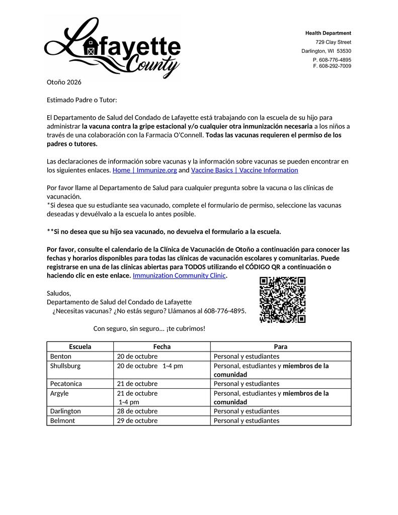 A page from a document titled "Lafayette County" with text and QR code for information.