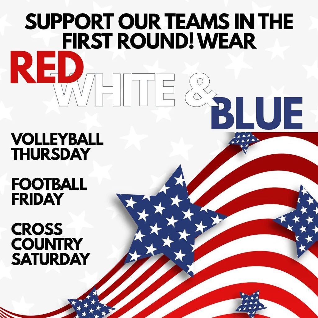 Red, white, and blue design with text and stars. Background shows stripes of red and white.