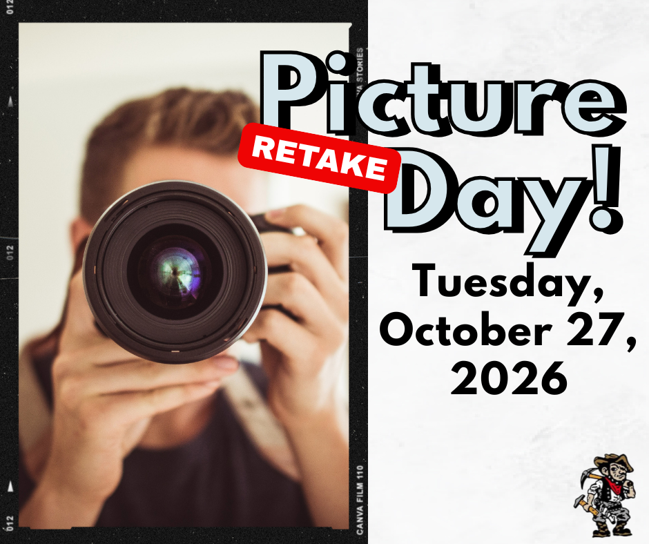 Photo collage: man holding camera, "Picture Retake Day" text, date, and mascot.