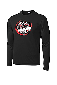 A black long-sleeve shirt displaying a red and white logo that reads "Conference Champs" on a white background.