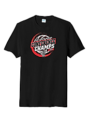 Black t-shirt with red and white text and logo: "Conference Champs" with a basketball graphic.