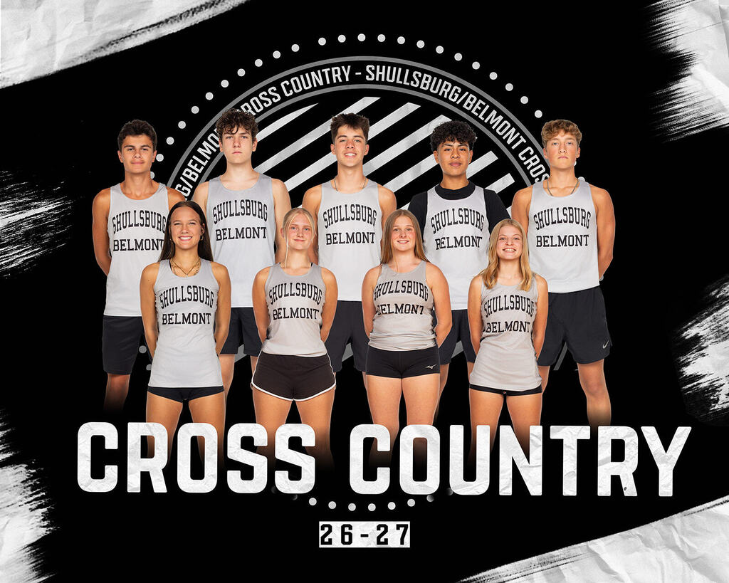 Cross country team in matching uniforms poses for a photo in front of a black background.