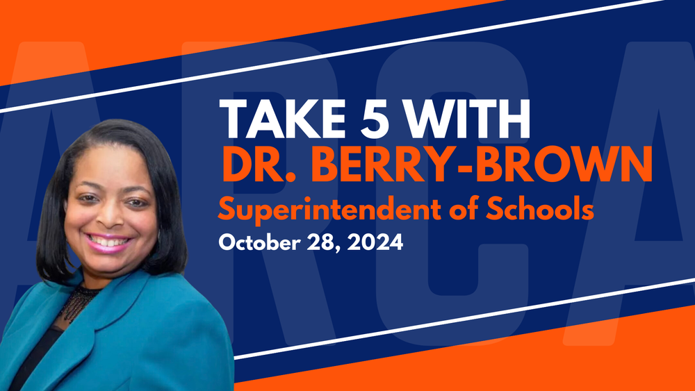 Thumbnail with a photo of Dr. Andrea Berry-Brown and the title "Take 5 with Dr. Berry-Brown, Superintendent of Schools, October 28, 2024