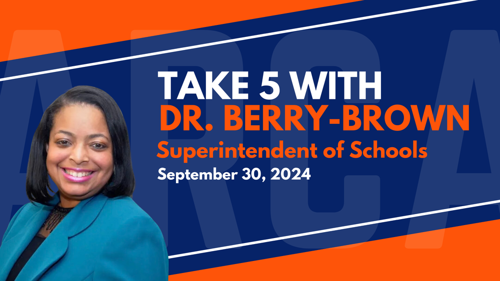 Thumbnail with a photo of Dr. Andrea Berry-Brown and the title "Take 5 with Dr. Berry-Brown, Superintendent of Schools, September 30, 2024