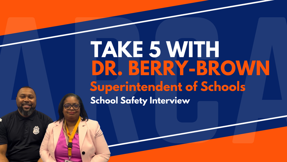 Thumbnail with a photo of Dr. Andrea Berry-Brown and the title "Take 5 with Dr. Berry-Brown, Superintendent of Schools, School Safety  Interview