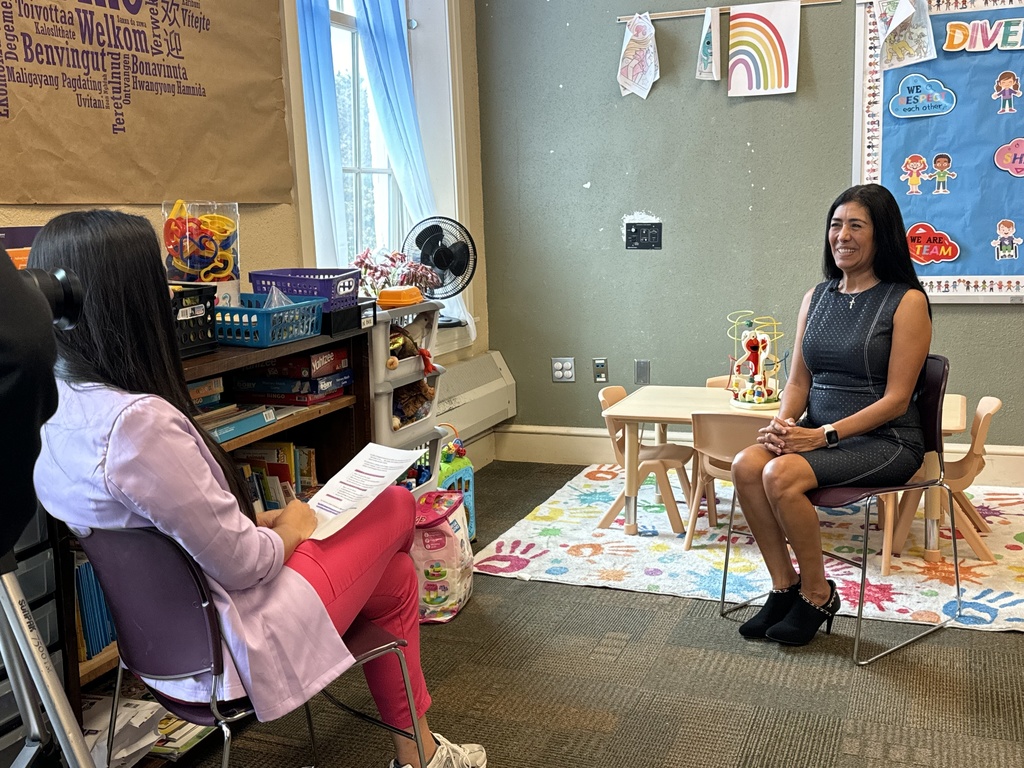 Member of the welcome center being interviewed by Fox 43