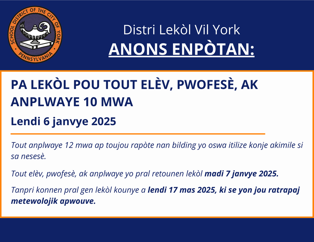 No School - Monday January 6, 2025