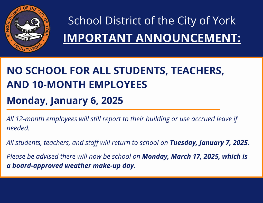 No School - Monday January 6, 2025
