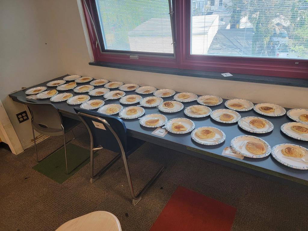 Table with plates of pancakes