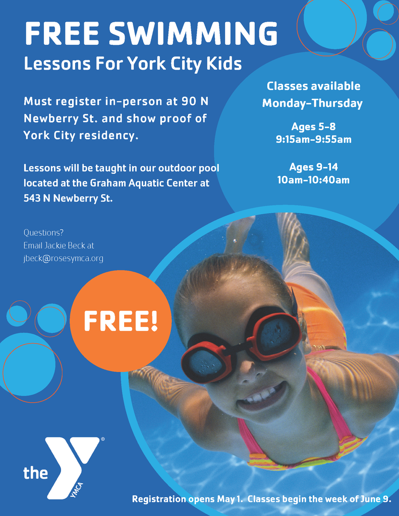 A young child wearing goggles swims underwater in a pool. Text promotes free swimming lessons for York City kids, listing class times by age and registration info, with a large orange FREE! circle and YMCA logo.