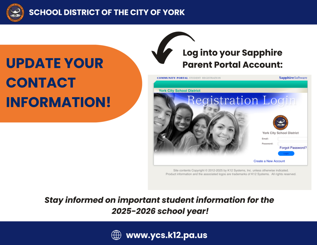 A digital flyer for the School District of the City of York urges families to update their contact information and log into the Sapphire Parent Portal. It features a student group photo and web address: www.ycs.k12.pa.us.