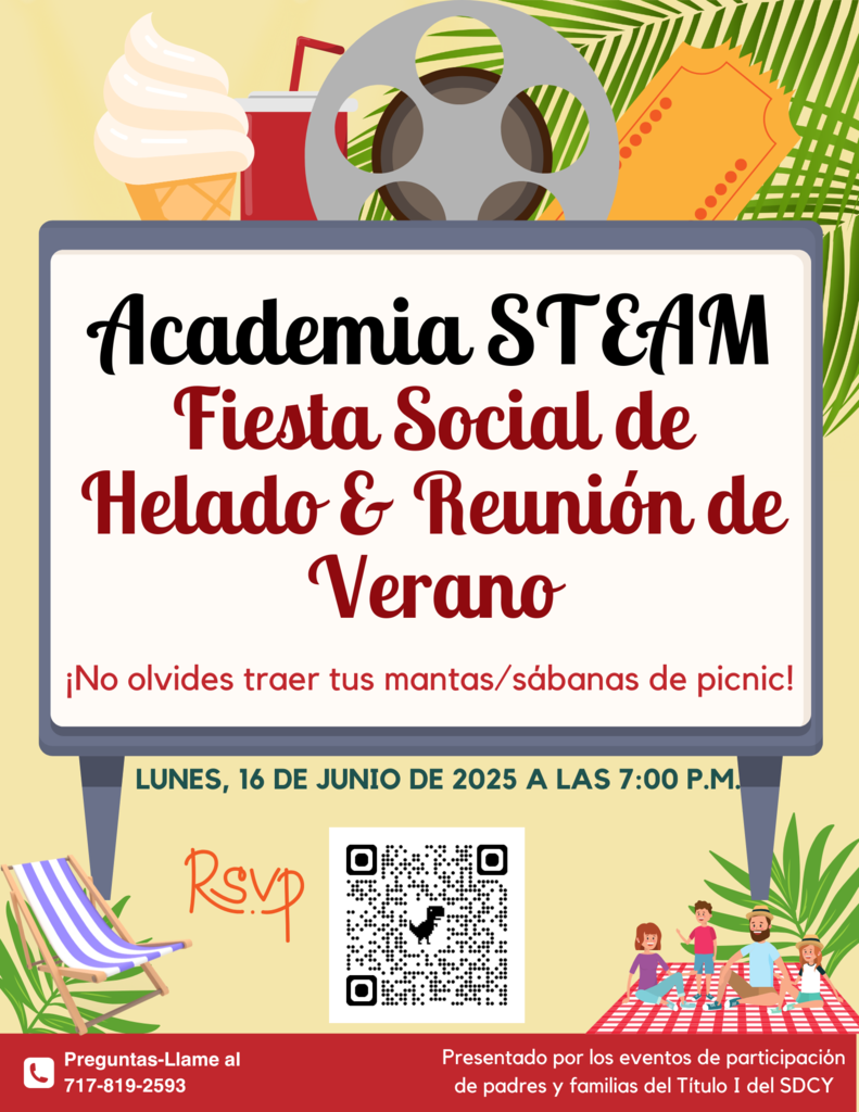 Poster for STEAM Academy’s Ice Cream Social & Summer Meeting on June 16, 2025, at 7 PM, with picnic and ice cream graphics, RSVP QR code, and reminder to bring picnic blankets. Contact info and sponsor noted at bottom.