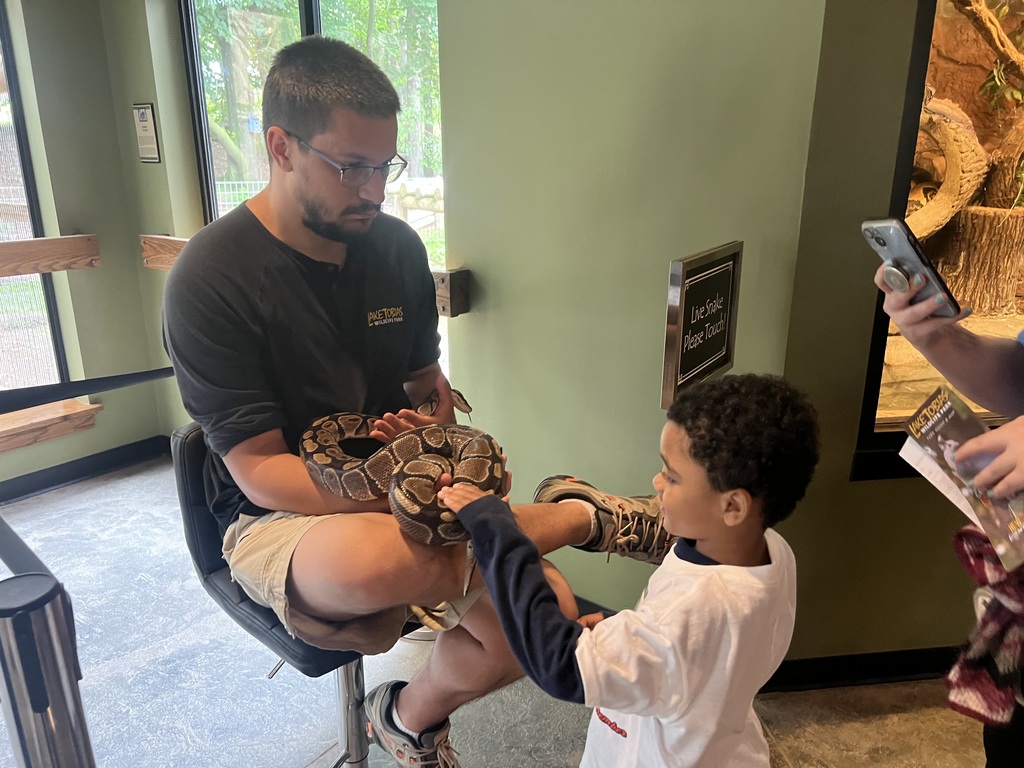 A man sitting on a stool holding a snake while a young boy reaches out to touch it. The environment is well-lit, resembling a zoo or nature center. Both appear engaged in the interaction.