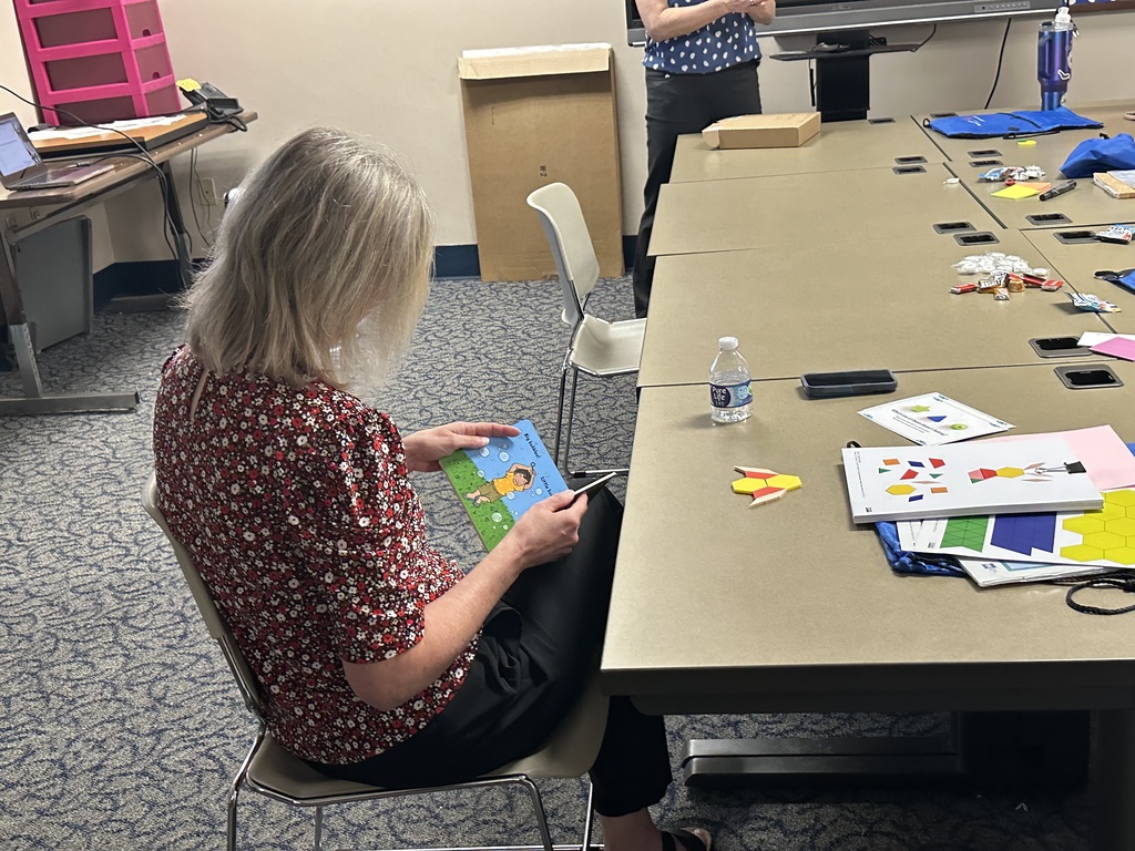 A woman with shoulder-length hair sits at a table, focused on a children's book, while a speaker presents in the background.
