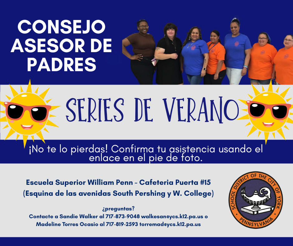 A vibrant flyer for the Parent Advisory Council's Summer Series event at William Penn Senior High School, featuring contact information and RSVP details.