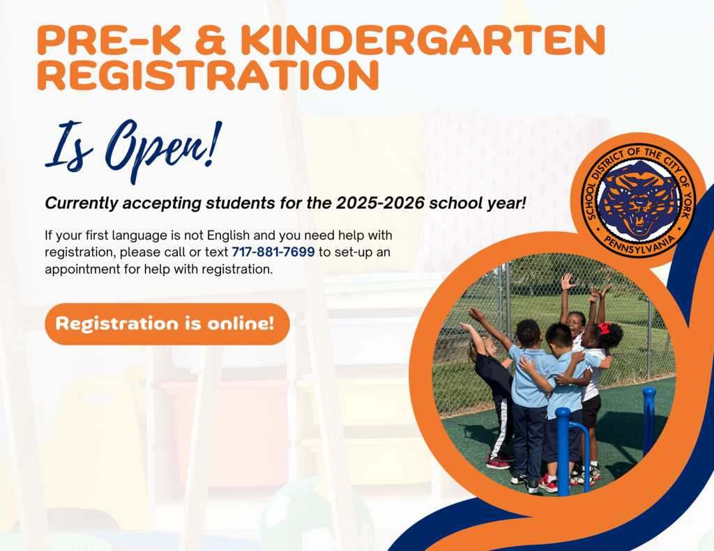 Pre-K and Kindergarten Registration flyer for the School District of the City of York.
