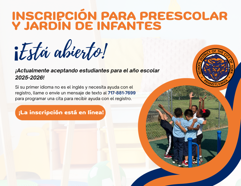 Pre-K and Kindergarten Registration flyer for the School District of the City of York.