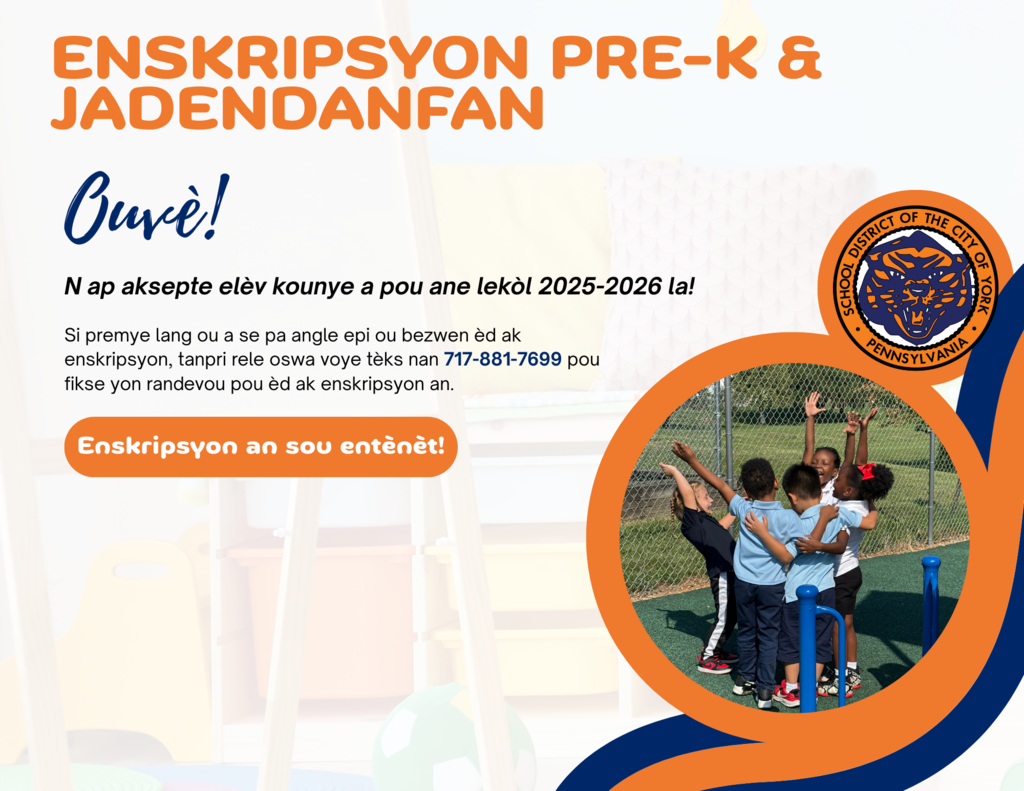 Pre-K and Kindergarten Registration flyer for the School District of the City of York.