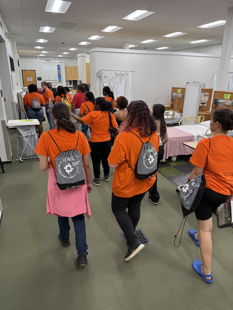 Group of students receiving a tour of Harrisburg Area Community College's (HACC) Campus.
