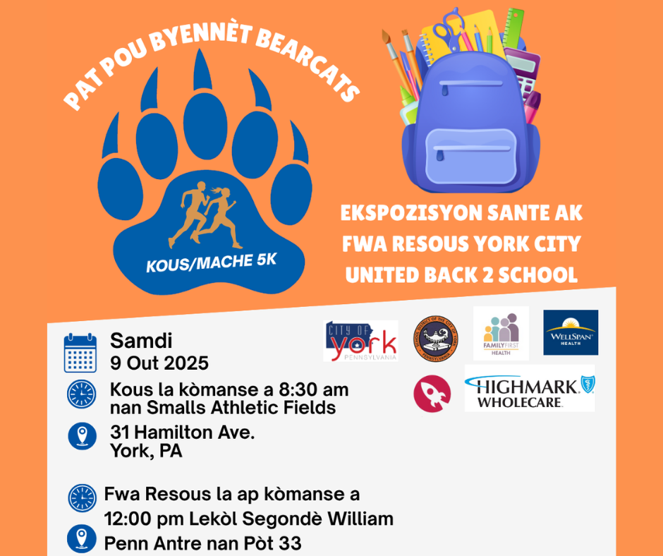 Paws for Wellness Bearcats 5K Run/Walk and Health Expo & York City United Back 2 School Resource Fair on Saturday August 9, 2025. Race starts at 8:30 AM at Smalls Athletic Field located at 31 Hamilton Avenue, York, PA 17401. The Resource Fair starts at 12:00 PM at William Penn Senior High School (Enter through door 33).