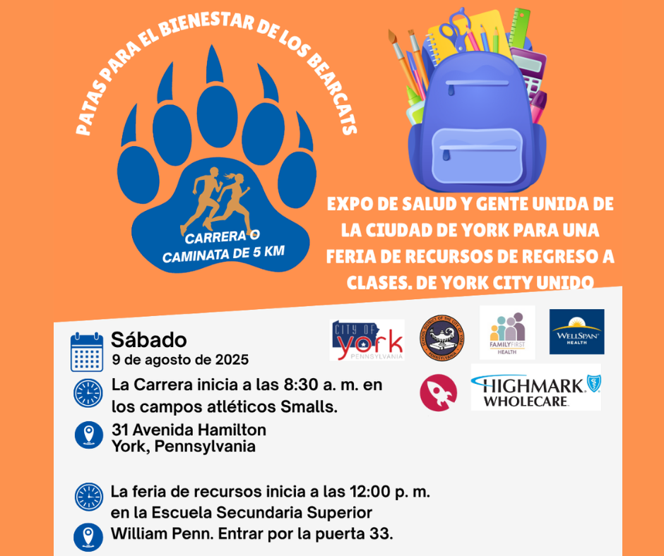 Paws for Wellness Bearcats 5K Run/Walk and Health Expo & York City United Back 2 School Resource Fair on Saturday August 9, 2025. Race starts at 8:30 AM at Smalls Athletic Field located at 31 Hamilton Avenue, York, PA 17401. The Resource Fair starts at 12:00 PM at William Penn Senior High School (Enter through door 33).