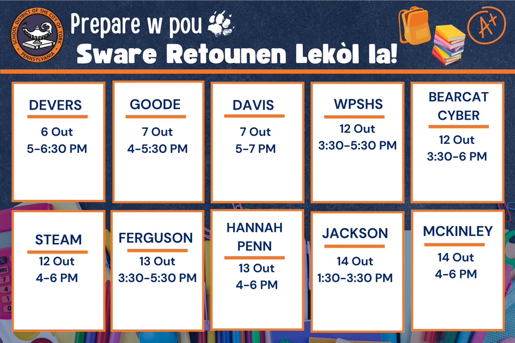 Event schedule for upcoming Back to School Nights, listing dates and times for various school buildings in the School District of the City of York.