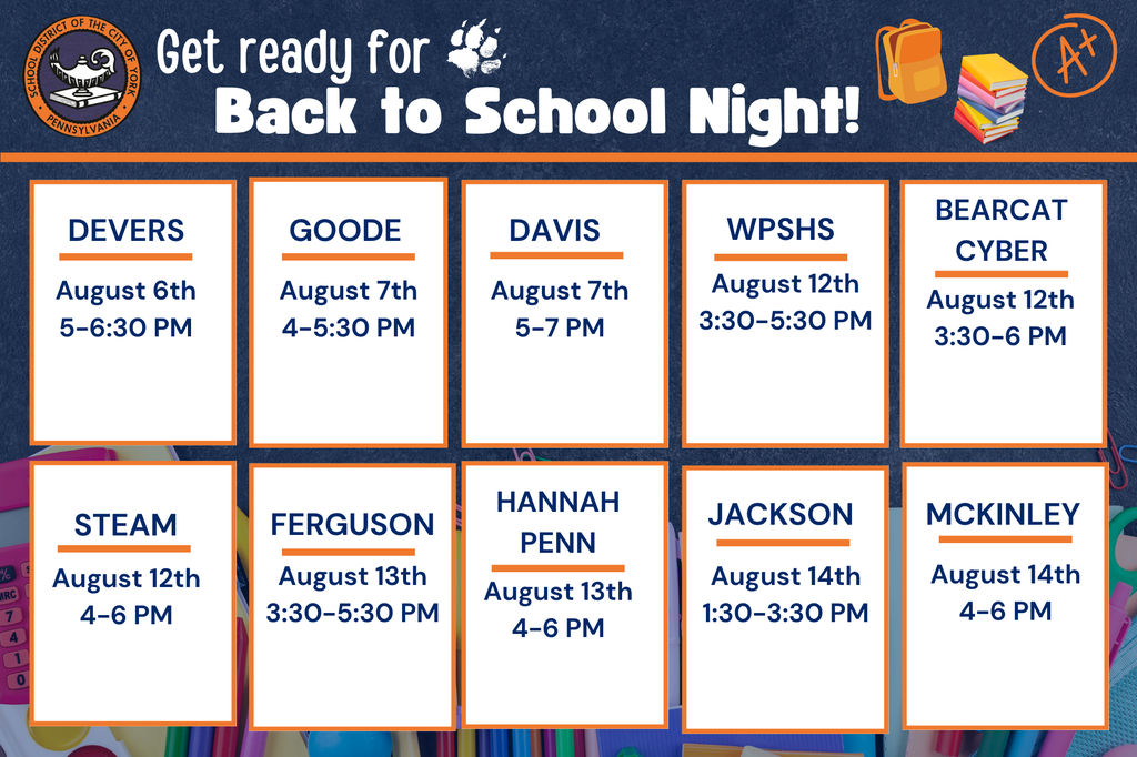 Event schedule for upcoming Back to School Nights, listing dates and times for various school buildings in the School District of the City of York.