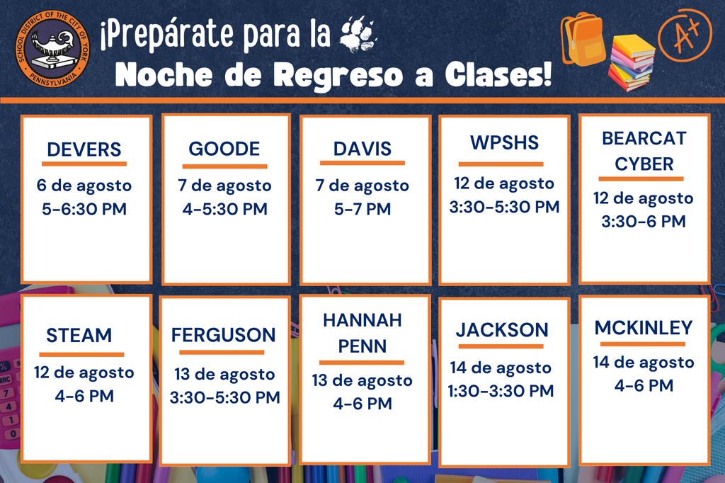 Event schedule for upcoming Back to School Nights, listing dates and times for various school buildings in the School District of the City of York.